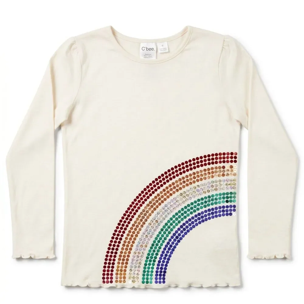 Vintage Gymboree Long Sleeved T Shirt Girls Size 9 Ivory Sequin Rainbow NWT Y2K